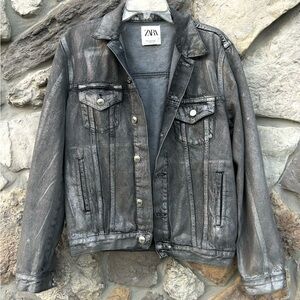 Zara Denim Trucker Jacket Size M Gray Holographic Shimmer Elevated Basic Grunge
